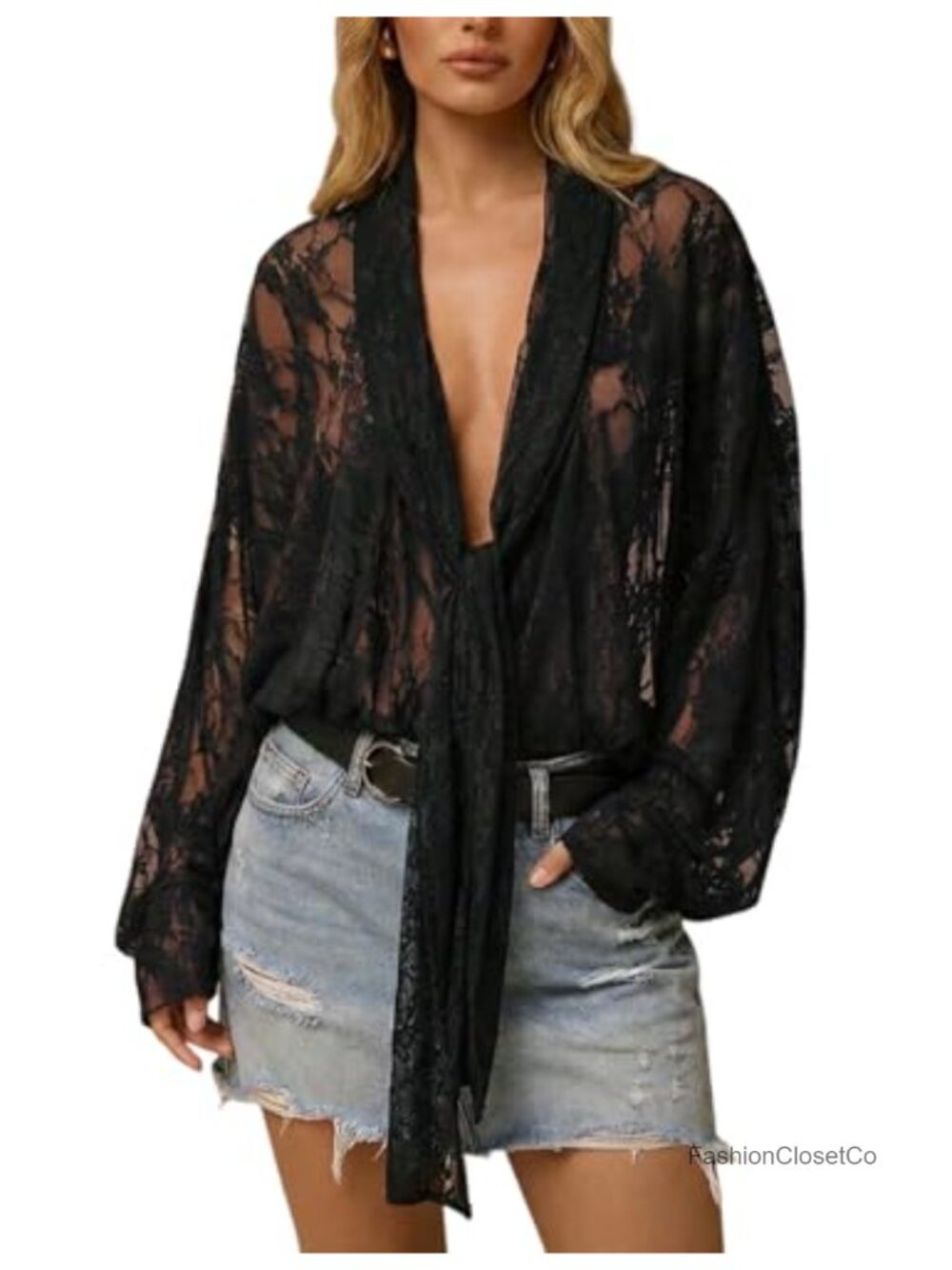 Women's Sheer Lace Long Sleeve Blouse Tie Front See Through Mesh Top